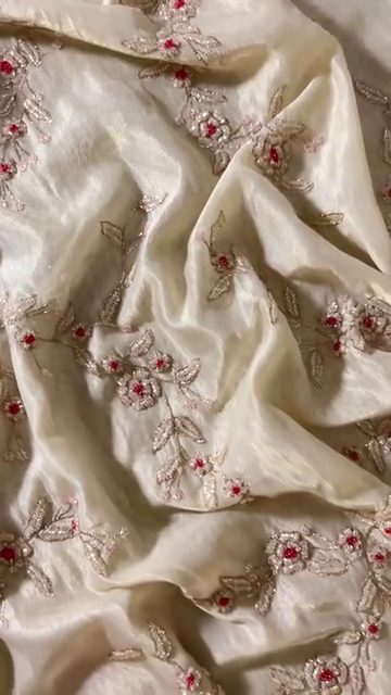 Ivory Organza with Pink Floral Hand Embroidery – Unstitched Fabric