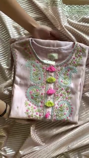 Pastel Pink Paisley Embroidered Kurta with Tassel Accents