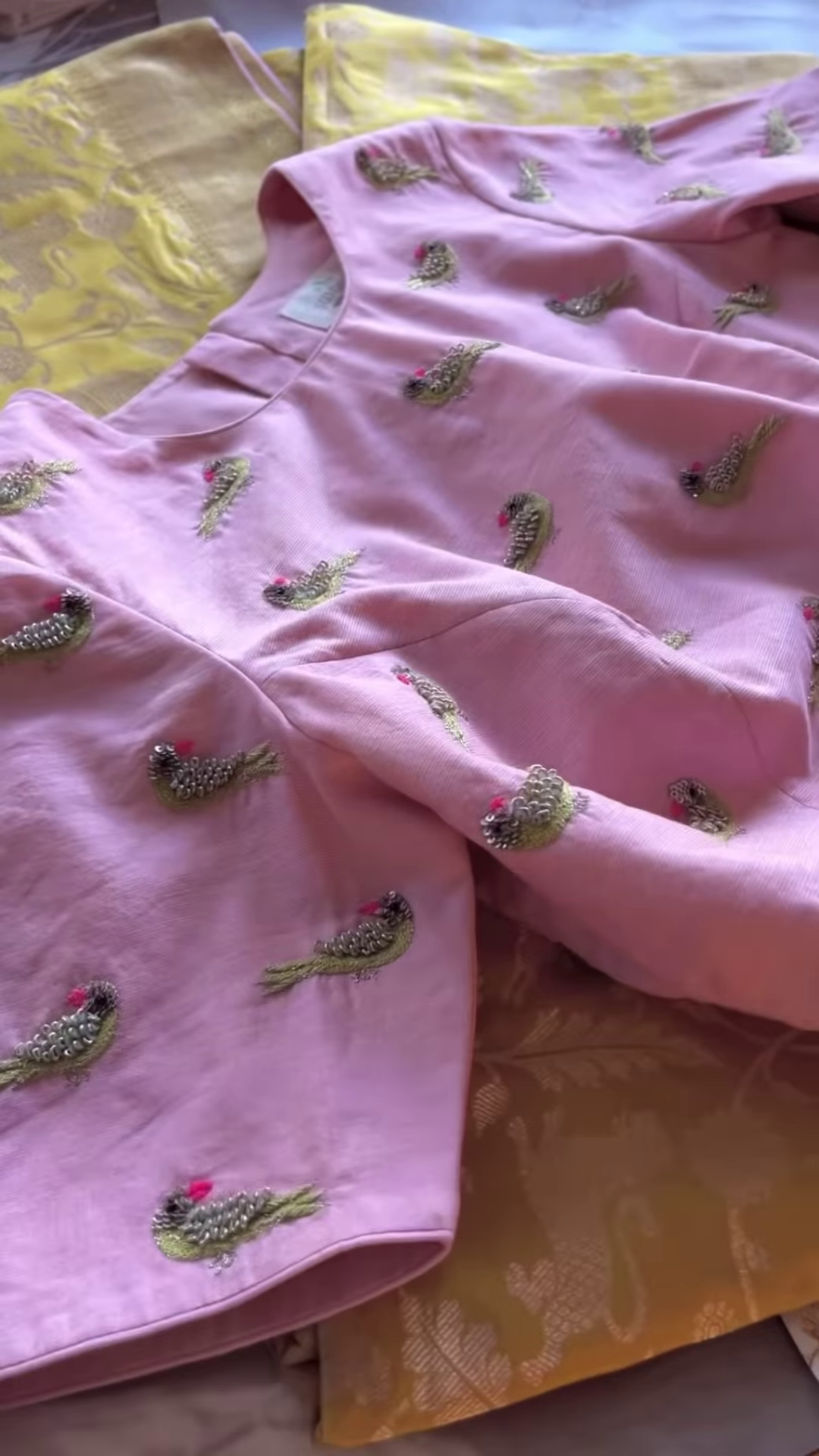 Pistachio Green Bird Motif Embroidered Saree Fabric and Blouse Piece