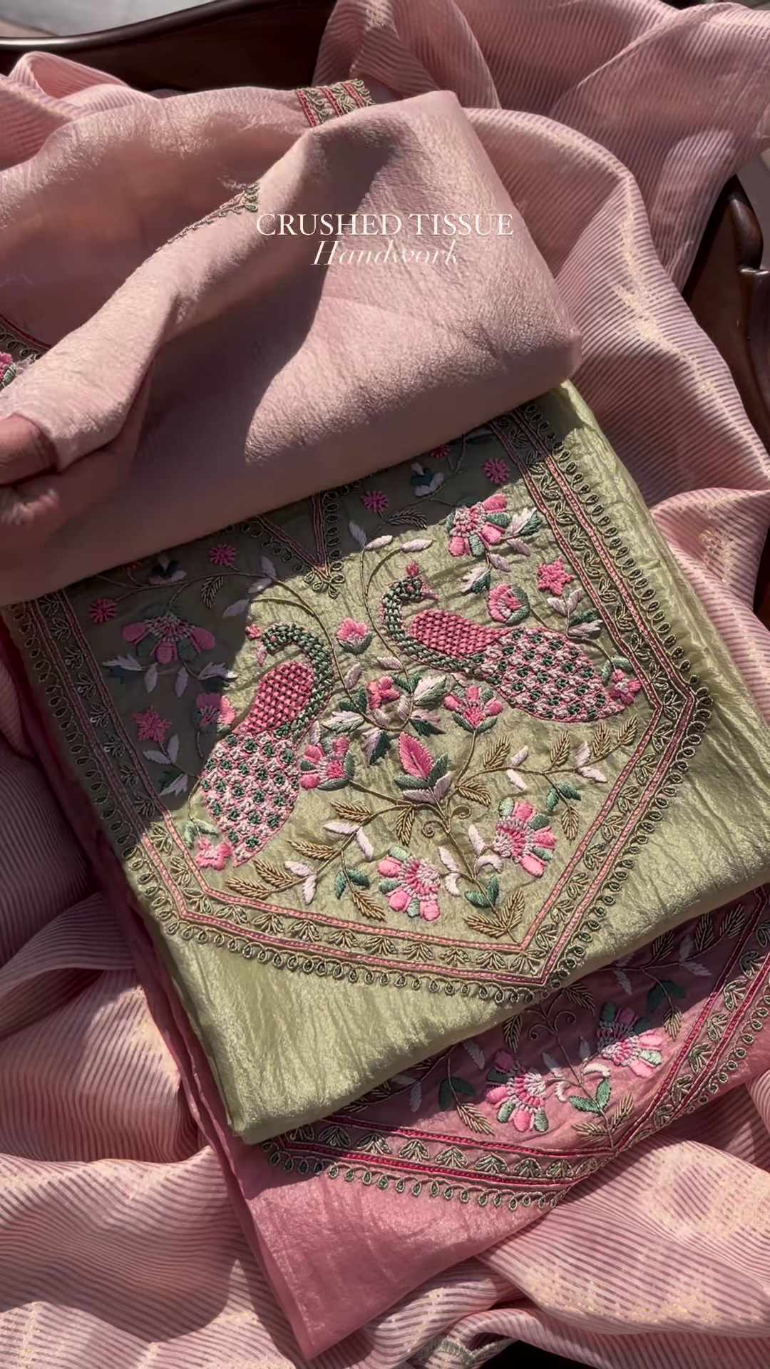 Pastel Pink and Sage Green Embroidered Unstitched Suit Set - Image 3