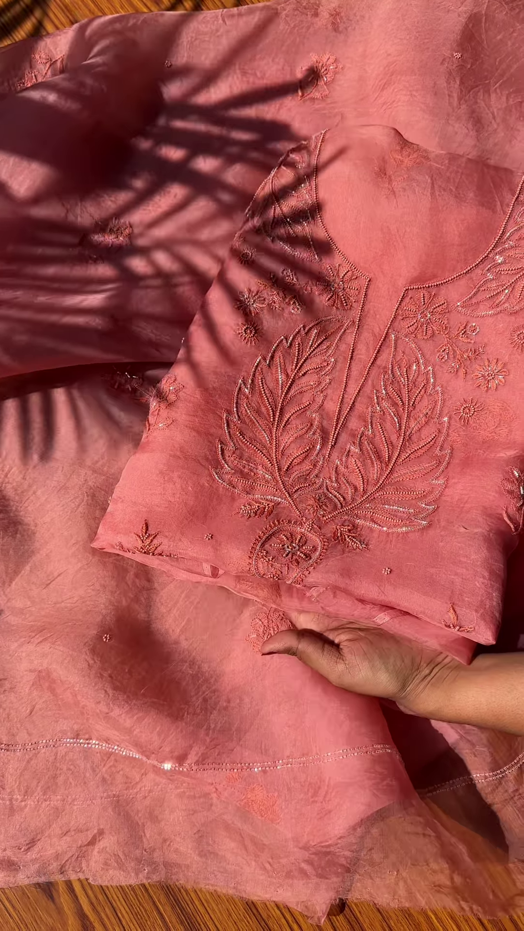 Dusty Rose Leaf Embroidered Unstitched Suit Set - Image 3