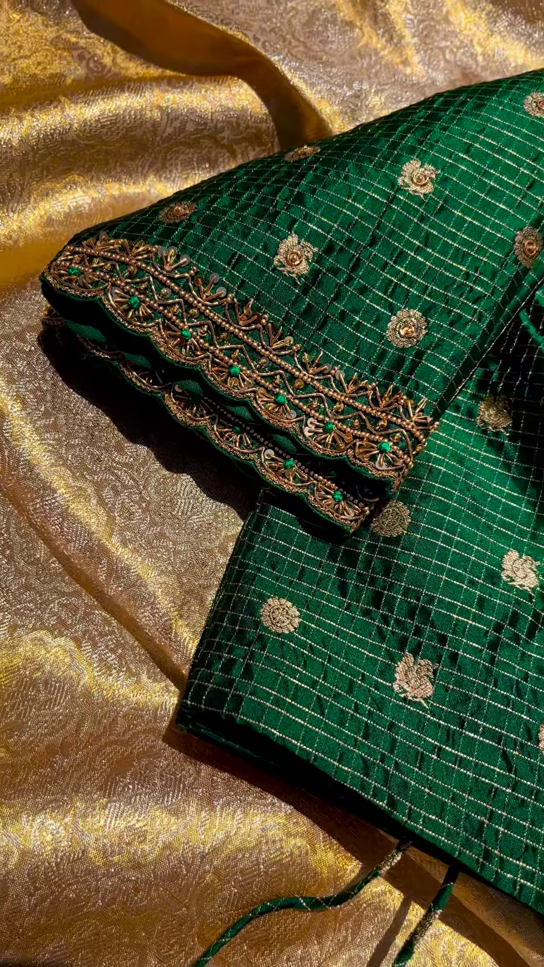 Peacock Green Brocade Blouse Piece with Gold Zari Embroidery - Image 5