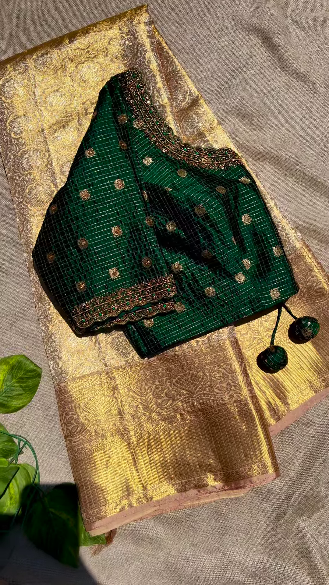 Peacock Green Brocade Blouse Piece with Gold Zari Embroidery - Image 3