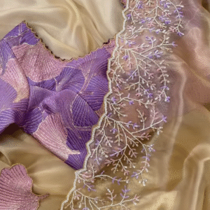 Champagne Tissue Silk Saree with Lilac Vine Embroidery and Brocade Blouse Piece