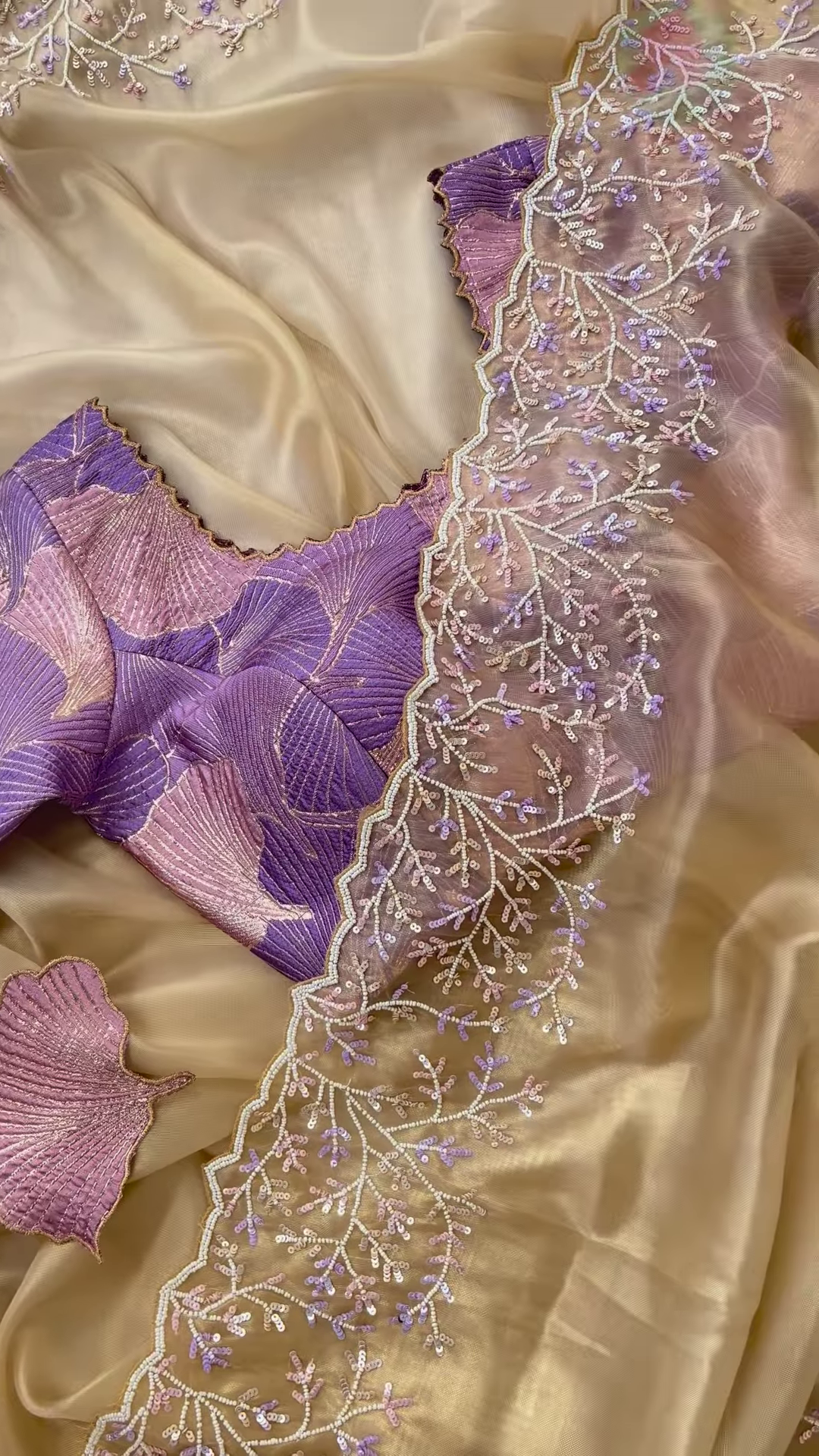 Champagne Tissue Silk Saree with Lilac Vine Embroidery and Brocade Blouse Piece