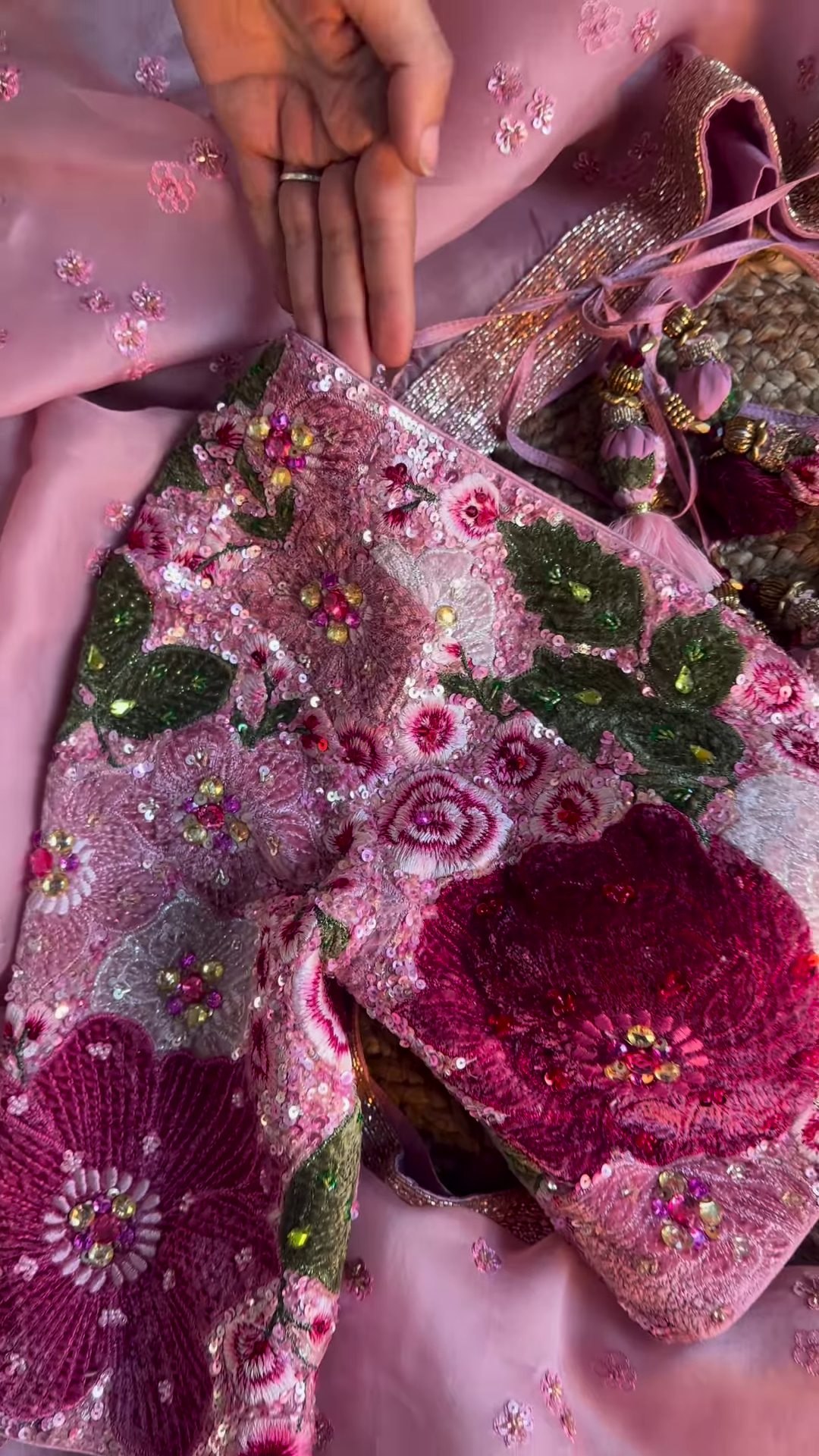 Dusty Rose Floral Sequin Embroidered Saree with Heavy Work Blouse - Image 2