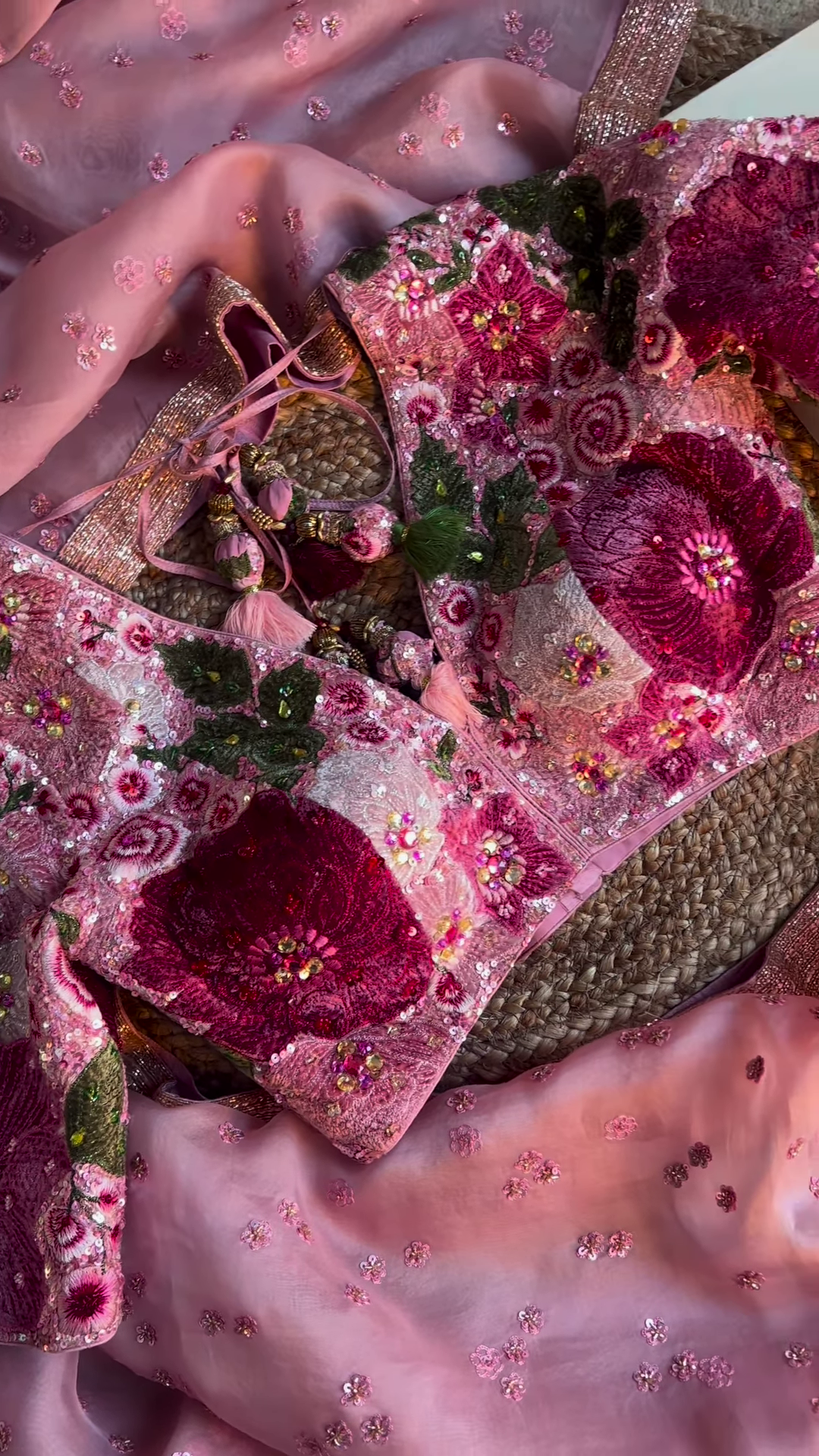 Dusty Rose Floral Sequin Embroidered Saree with Heavy Work Blouse - Image 5