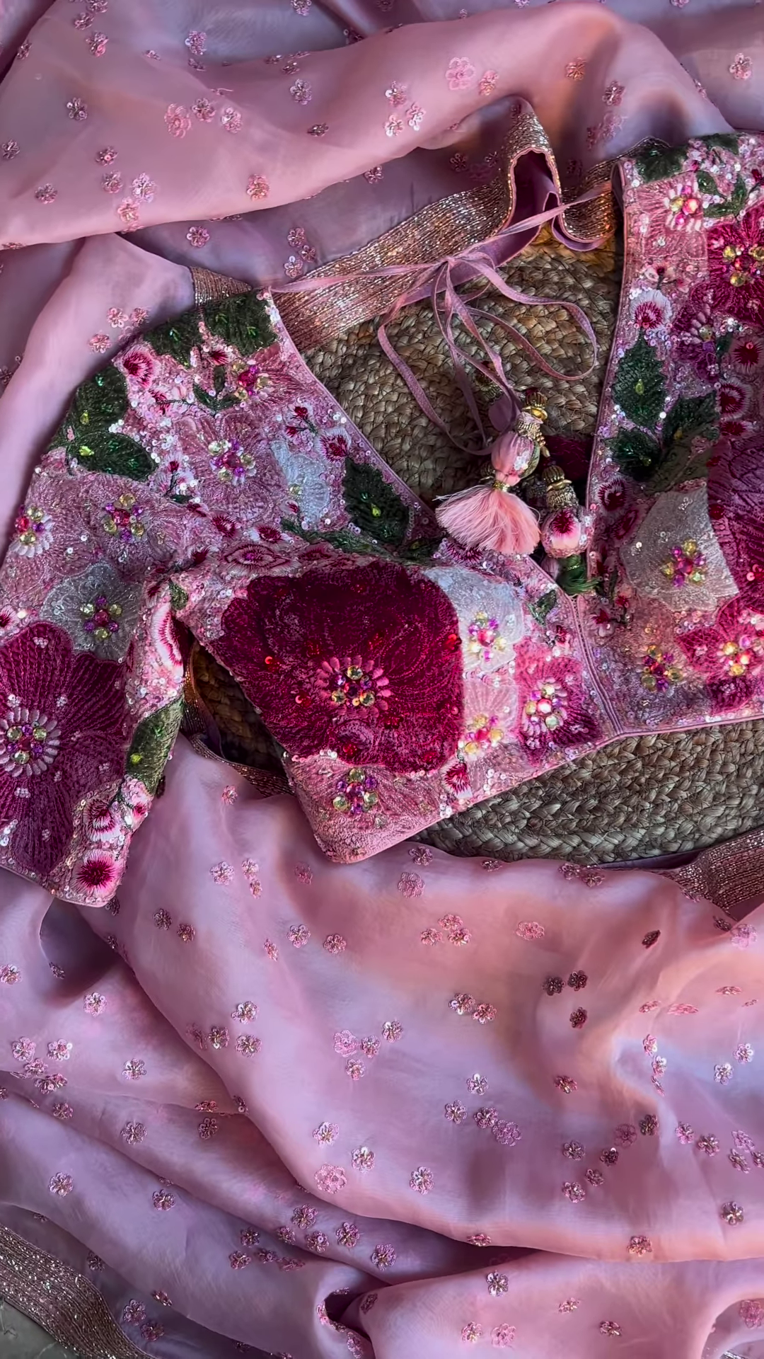 Dusty Rose Floral Sequin Embroidered Saree with Heavy Work Blouse - Image 3