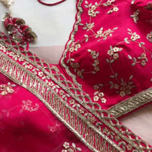 Rani Pink Floral Zari Embroidered Saree with Scalloped Blouse