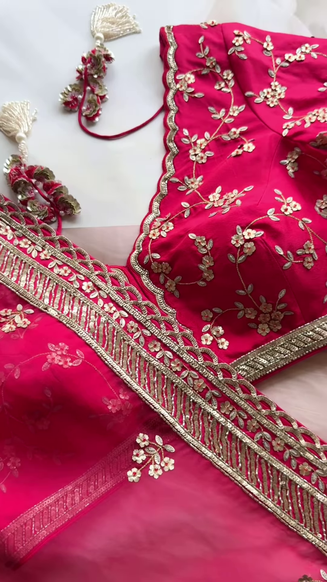 Rani Pink Floral Zari Embroidered Saree with Scalloped Blouse