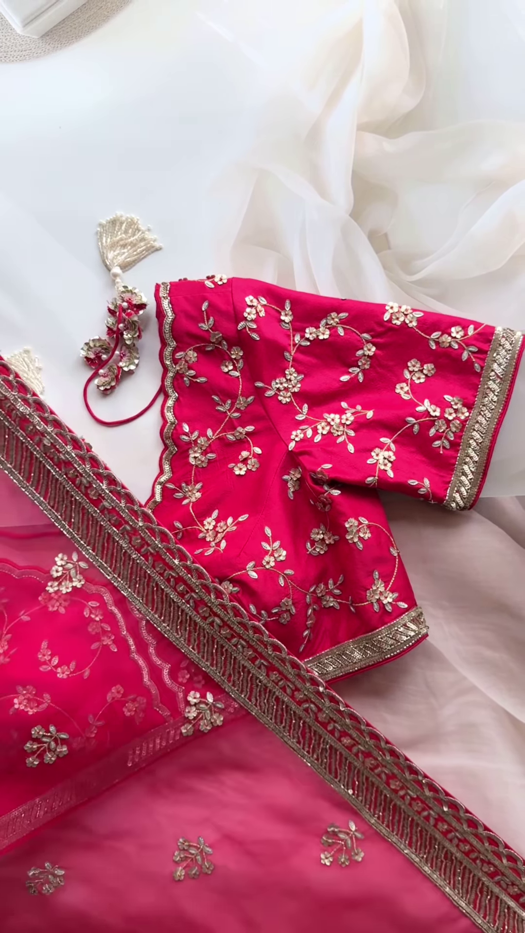 Rani Pink Floral Zari Embroidered Saree with Scalloped Blouse - Image 4