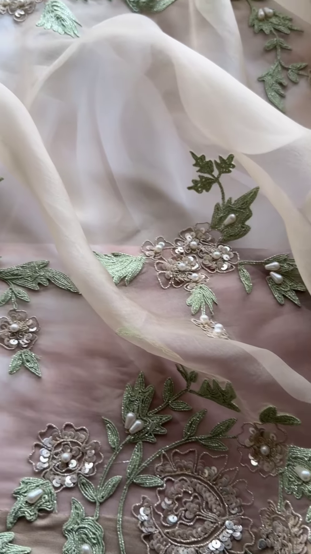 Taupe Floral Pearl and Sequin Embroidered Saree with Heavy Work Blouse - Image 2