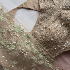 Taupe Floral Pearl and Sequin Embroidered Saree with Heavy Work Blouse