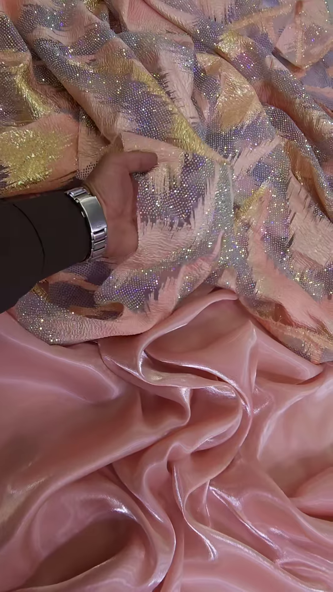 Blush Pink Iridescent Embellished Tissue Organza Fabric - Image 5