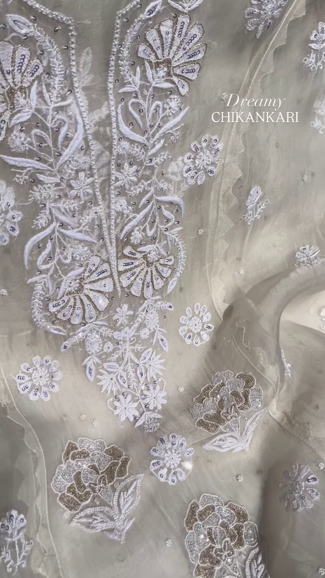 Off-White Silver Zari Chikankari Unstitched Suit Set - Image 5