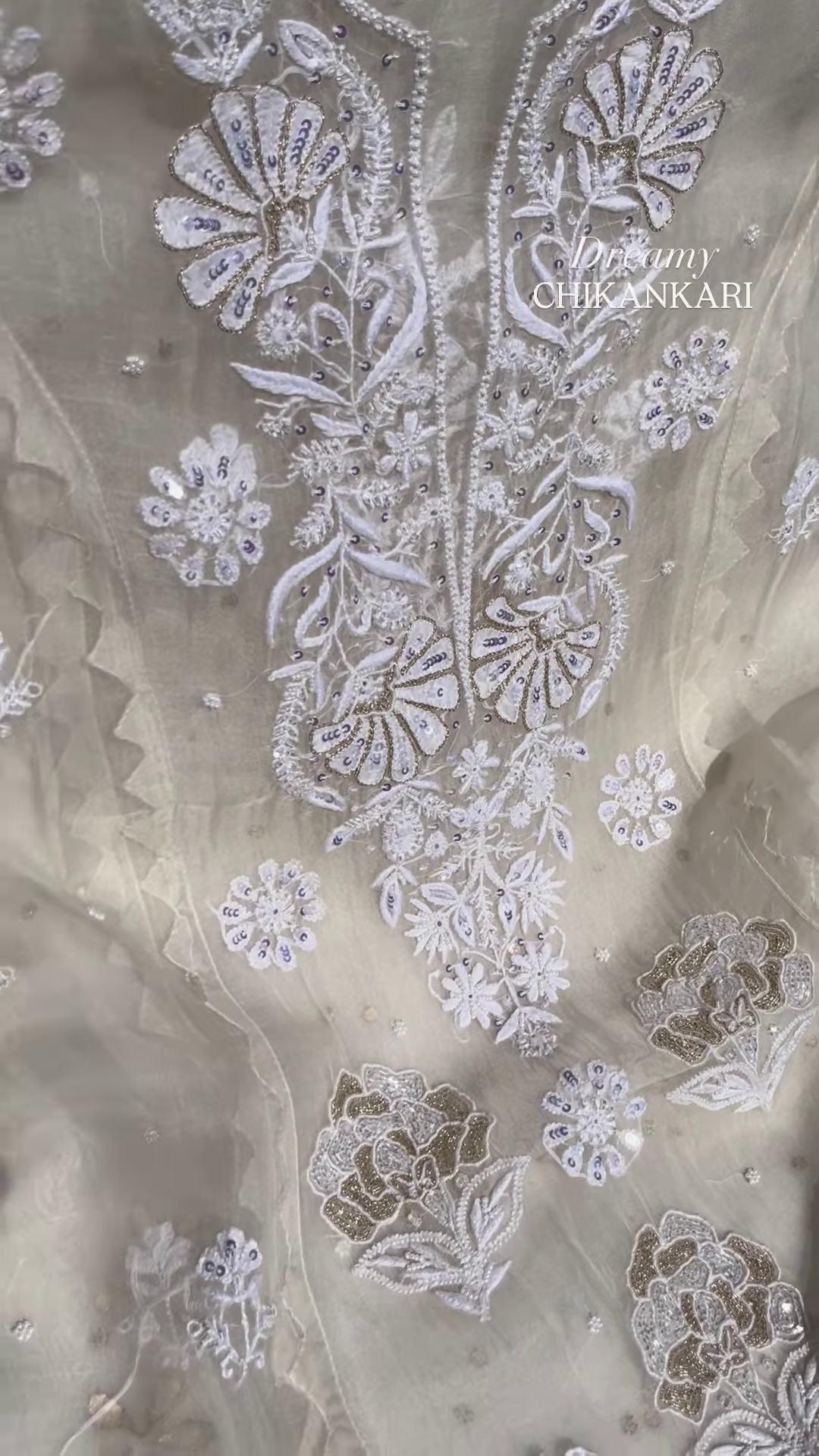 Off-White Silver Zari Chikankari Unstitched Suit Set - Image 4