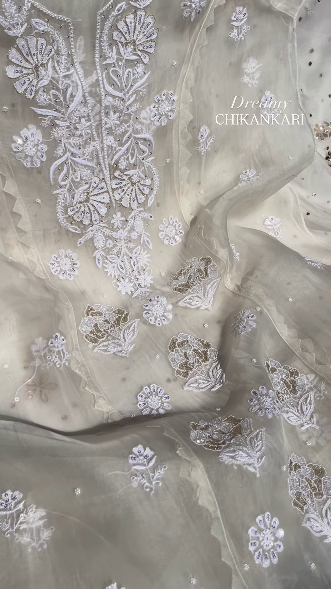 Off-White Silver Zari Chikankari Unstitched Suit Set - Image 3