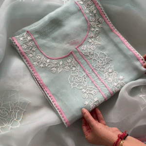 Sky Blue Organza Appliqué Work Unstitched Suit Set