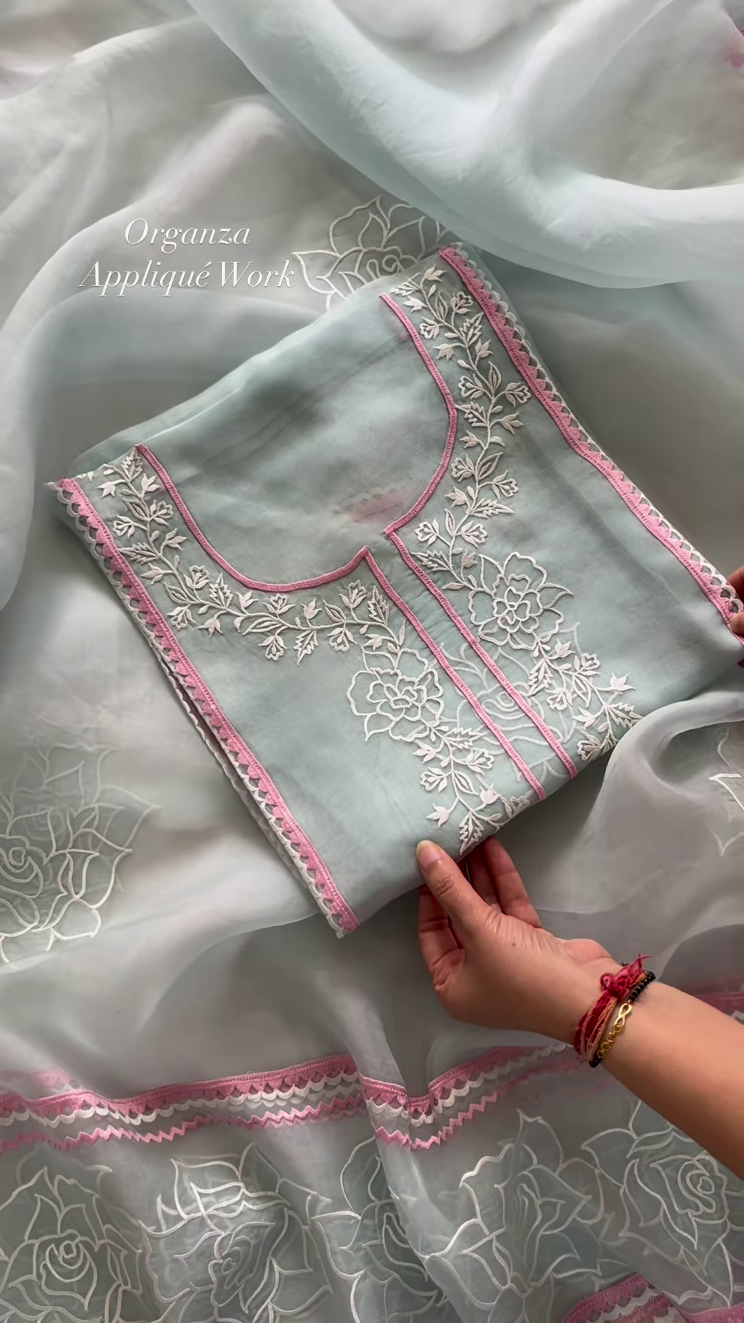 Sky Blue Organza Appliqué Work Unstitched Suit Set