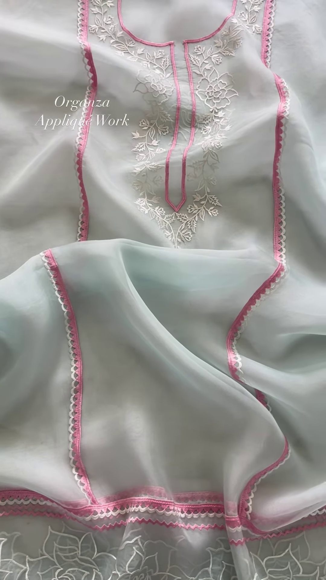 Sky Blue Organza Appliqué Work Unstitched Suit Set - Image 5