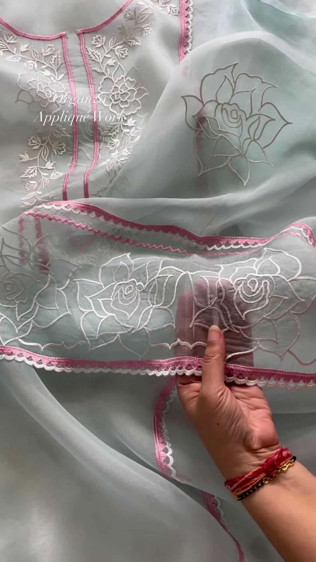 Sky Blue Organza Appliqué Work Unstitched Suit Set - Image 4