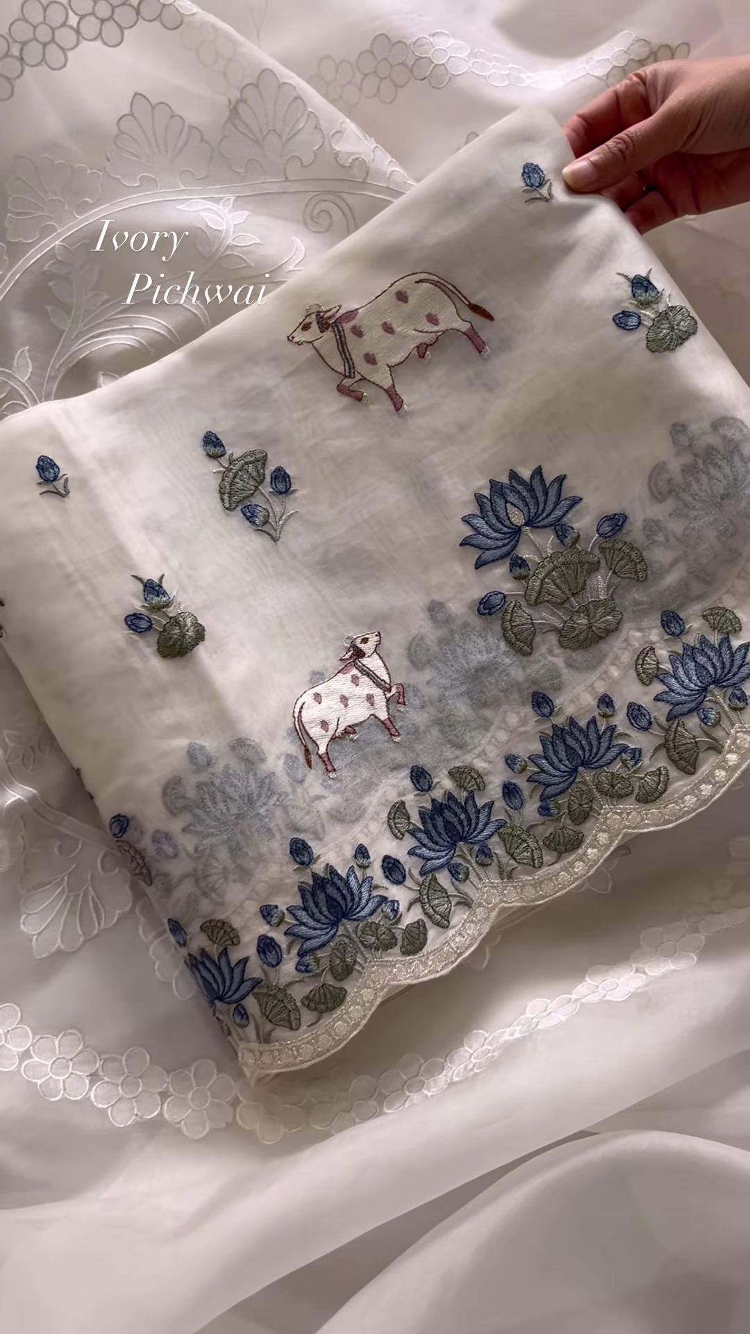 Ivory Pichwai Embroidered Linen Blend Fabric