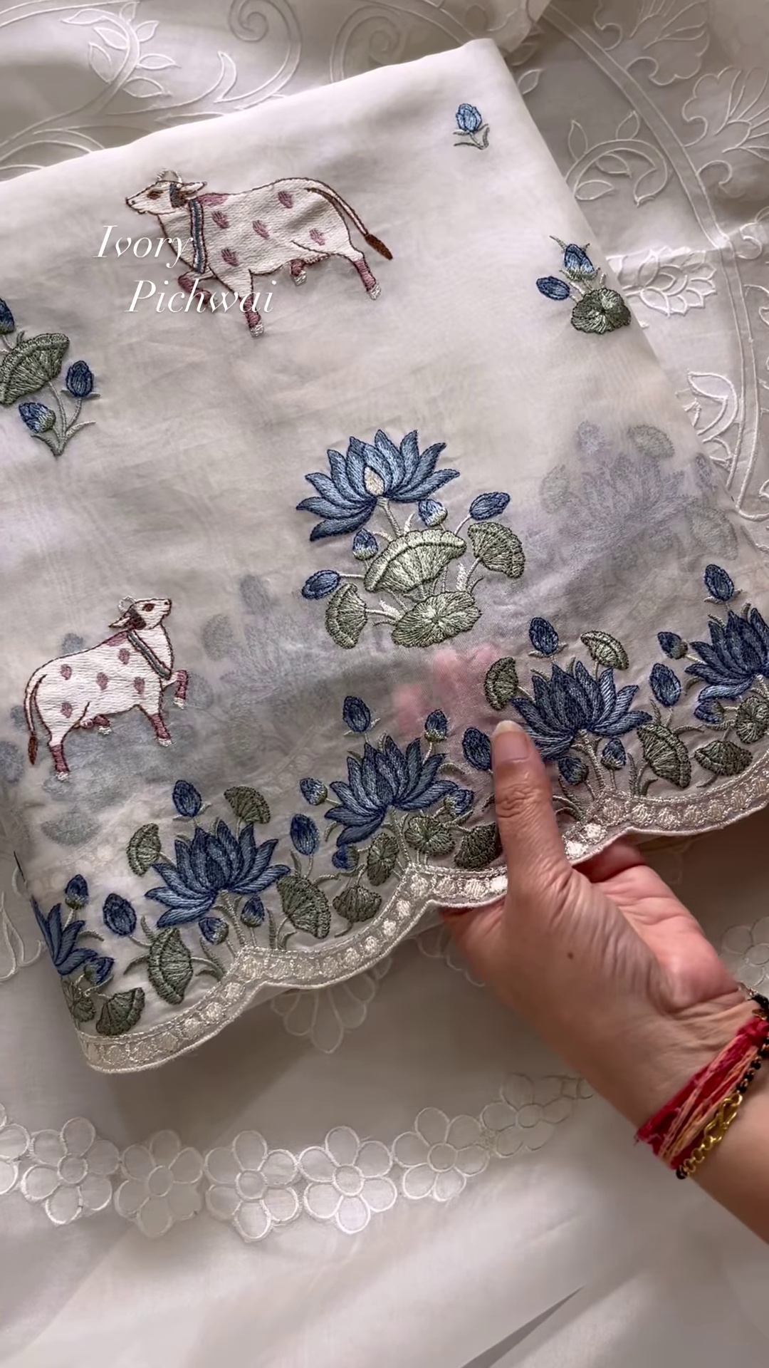 Ivory Pichwai Embroidered Linen Blend Fabric - Image 2