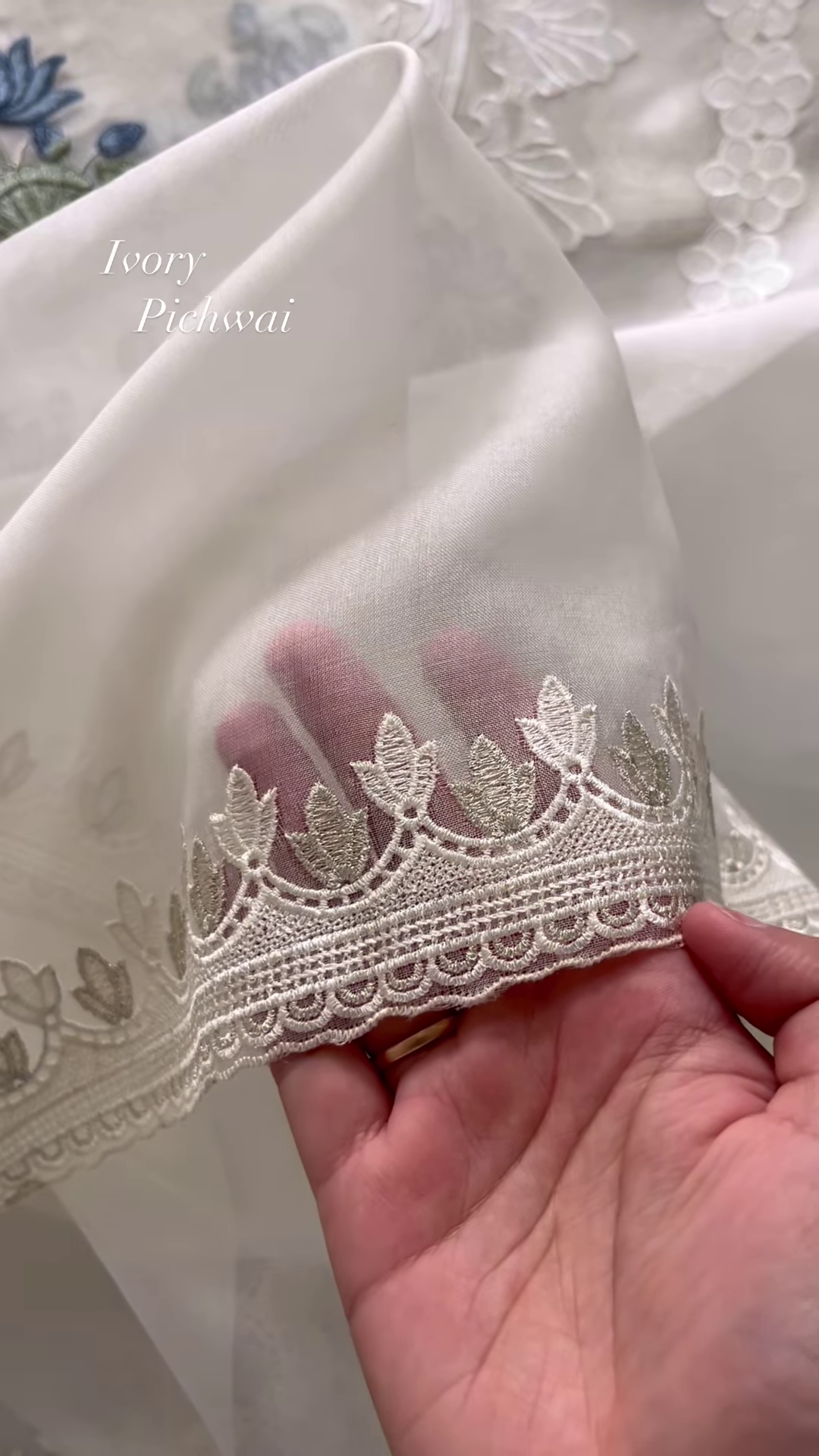 Ivory Pichwai Embroidered Linen Blend Fabric - Image 5