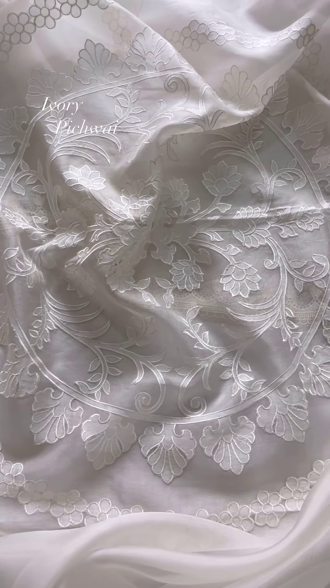 Ivory Pichwai Embroidered Linen Blend Fabric - Image 4