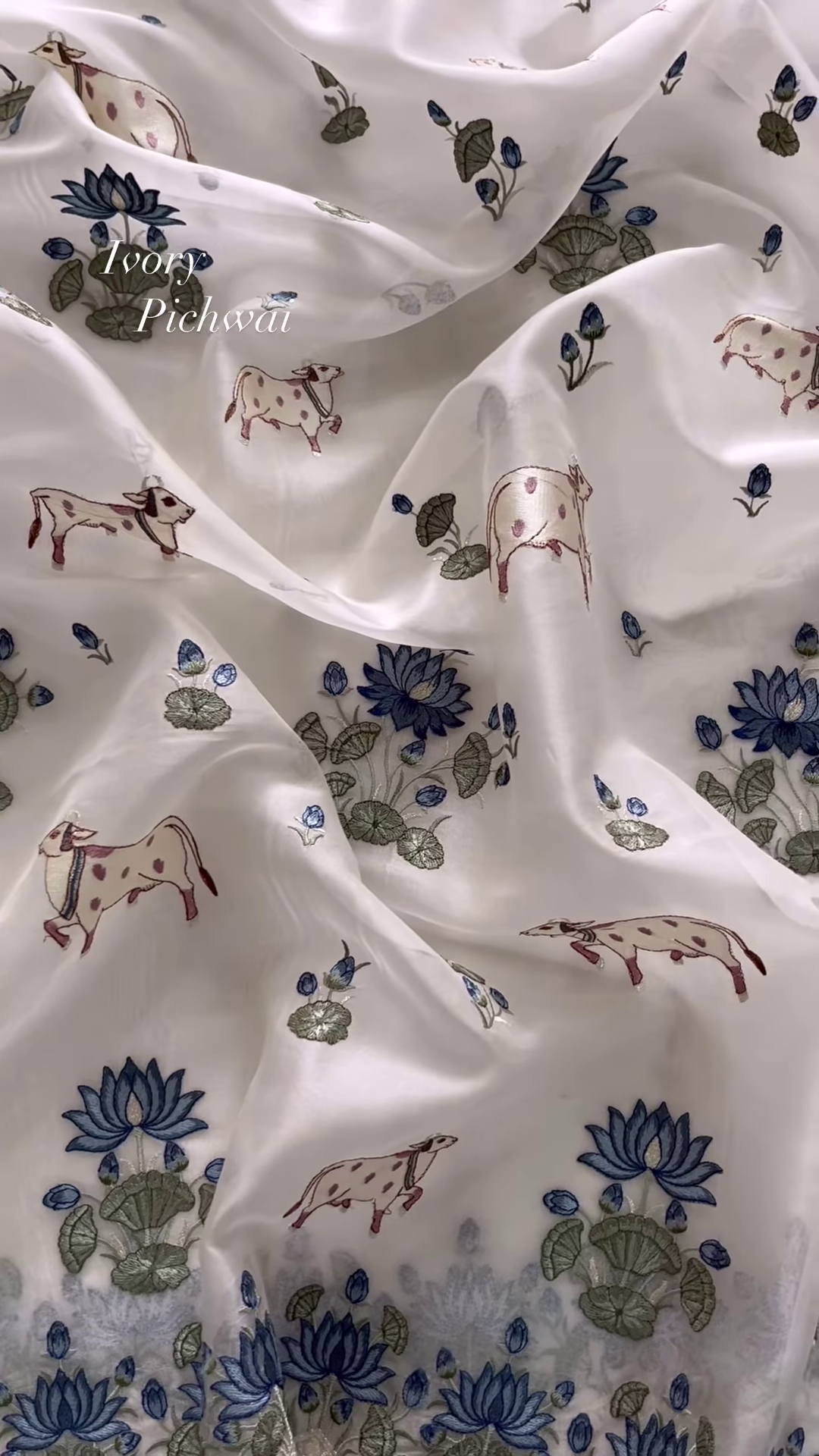 Ivory Pichwai Embroidered Linen Blend Fabric - Image 3