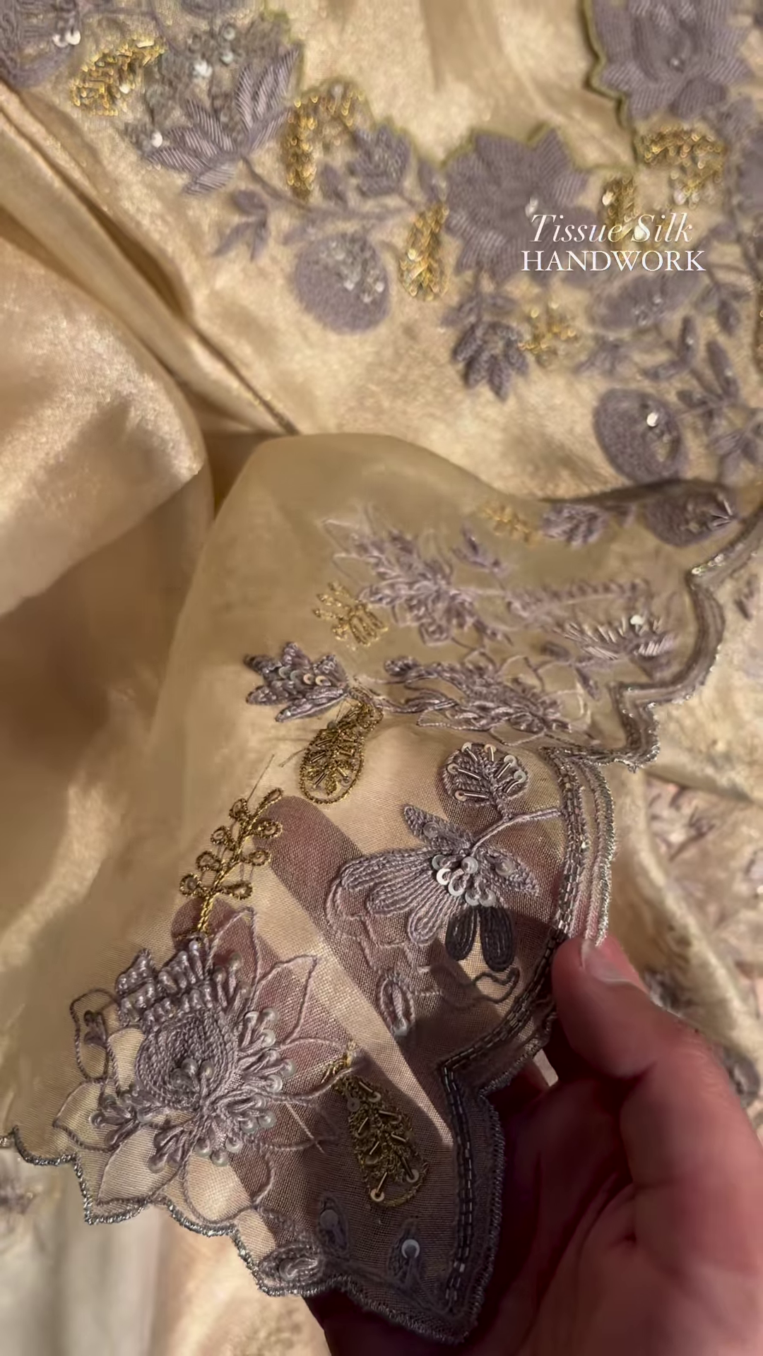 Champagne Tissue Silk Hand-Embroidered Fabric with Lilac and Gold Threadwork - Image 2