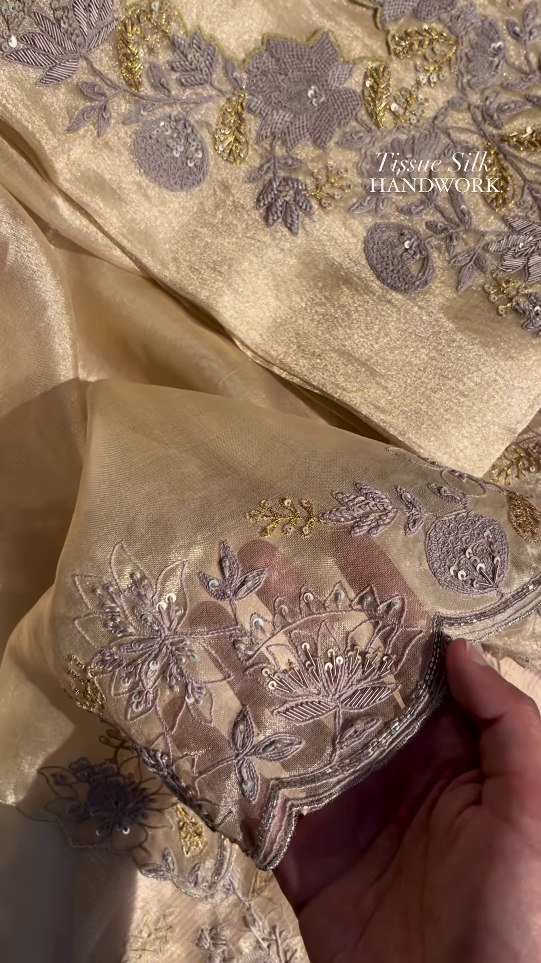 Champagne Tissue Silk Hand-Embroidered Fabric with Lilac and Gold Threadwork - Image 5