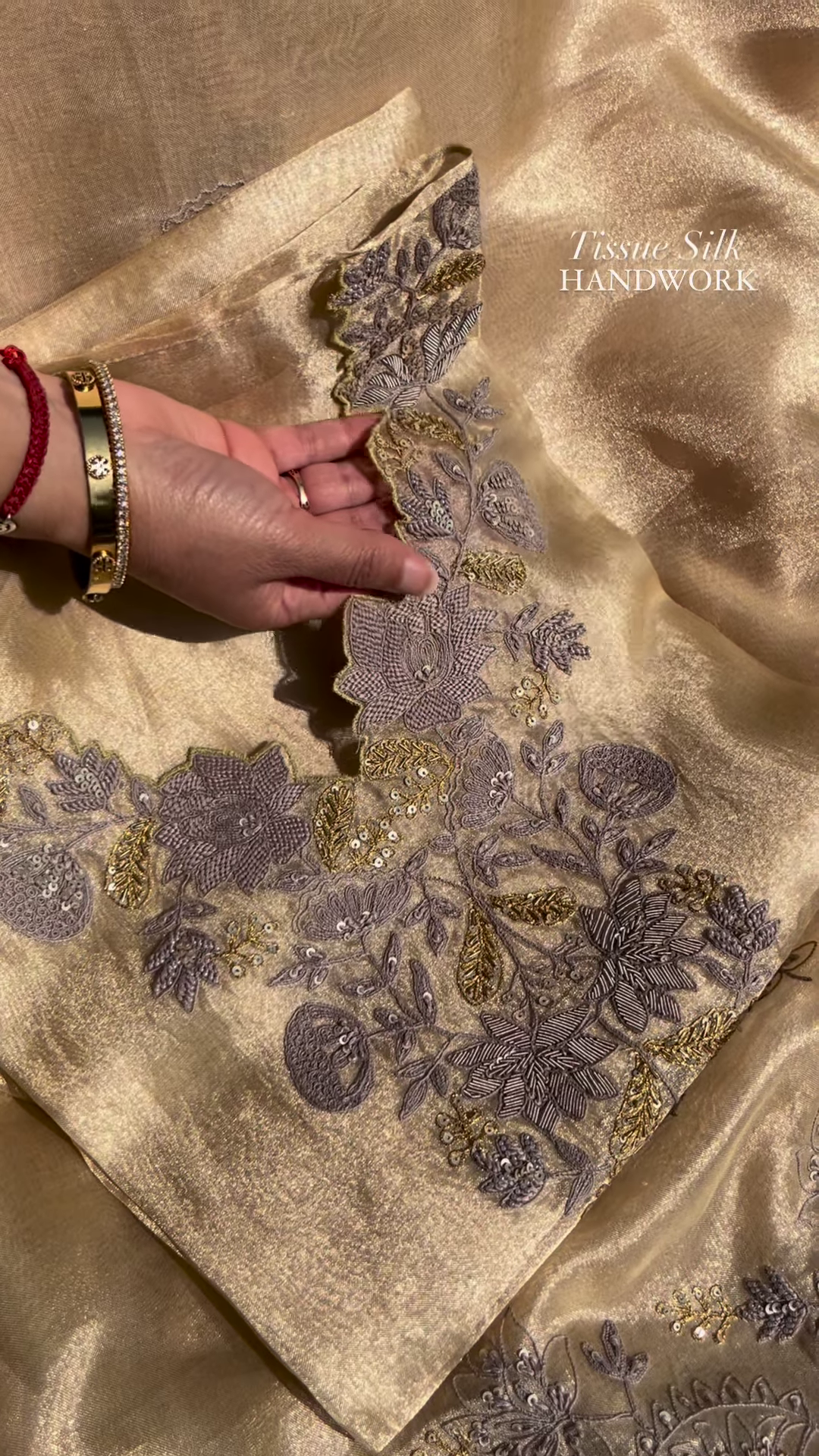 Champagne Tissue Silk Hand-Embroidered Fabric with Lilac and Gold Threadwork - Image 4