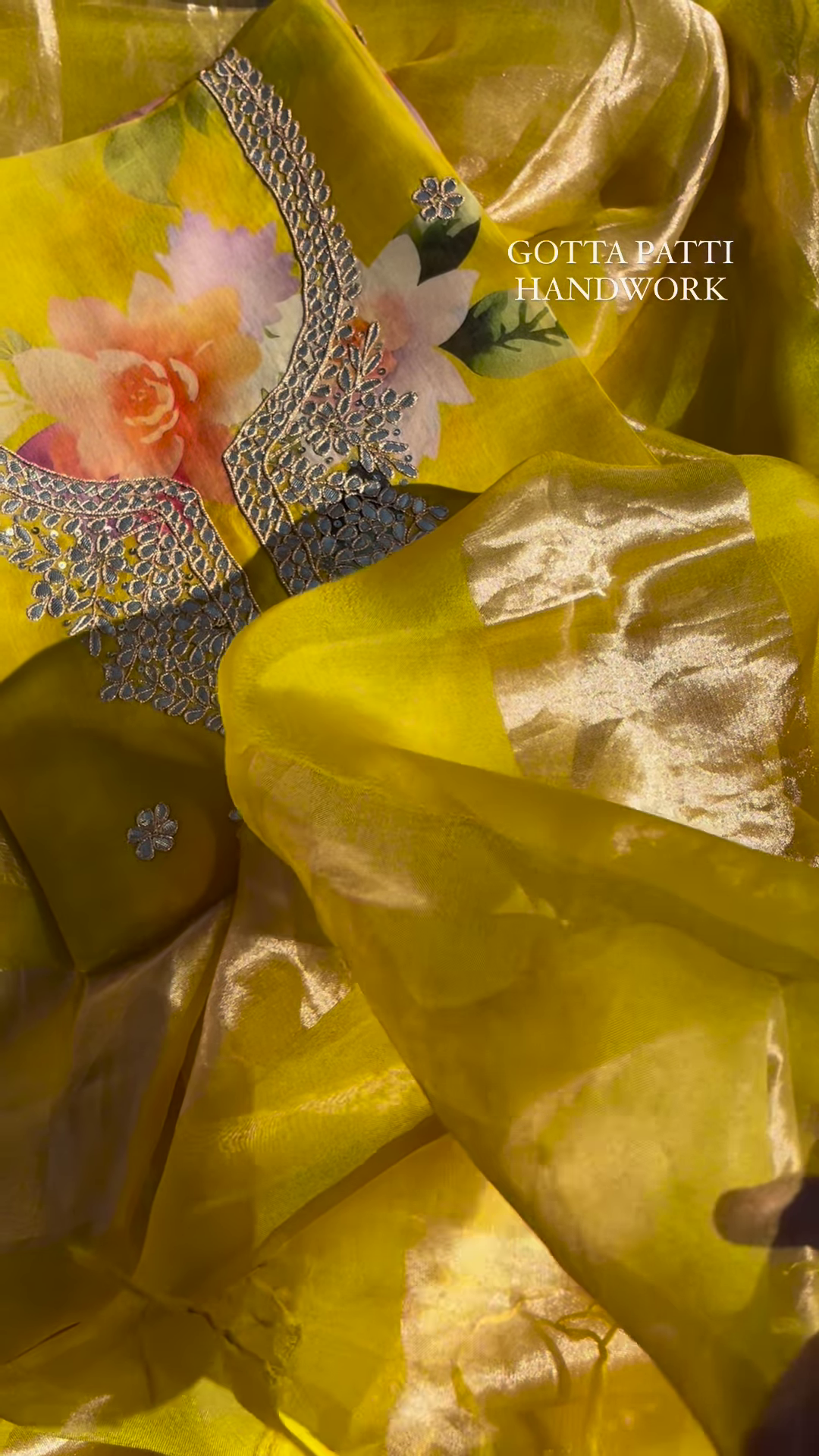 Sunshine Yellow Floral Print Organza Suit with Gotta Patti Handwork - Image 2