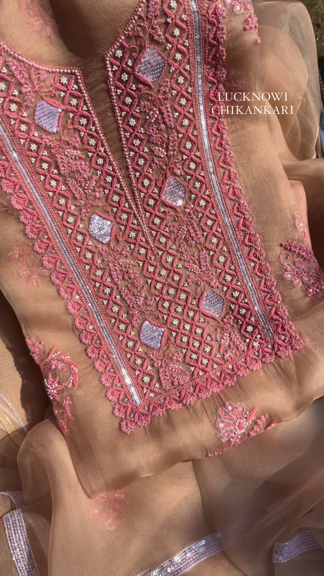 Fawn Lucknowi Chikankari and Mirror Work Unstitched Suit Set - Image 4