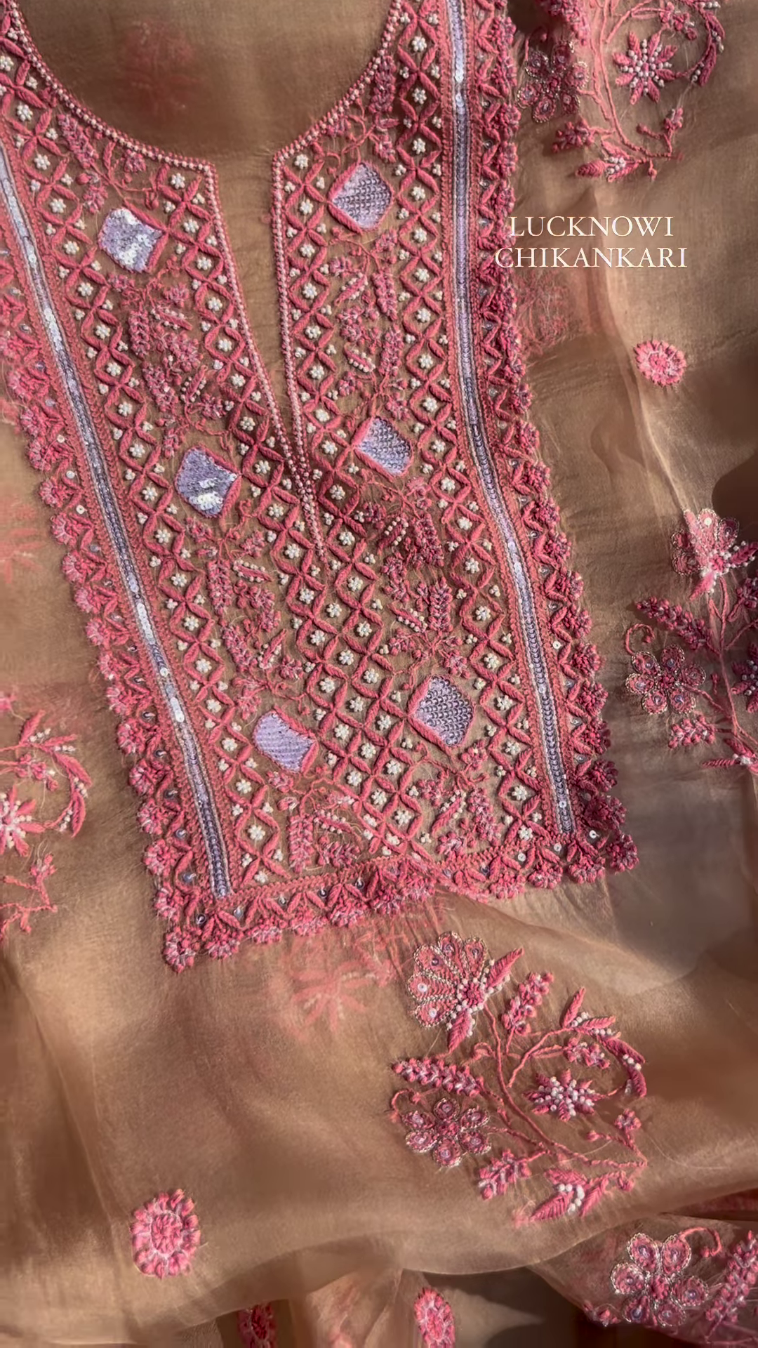 Fawn Lucknowi Chikankari and Mirror Work Unstitched Suit Set - Image 3