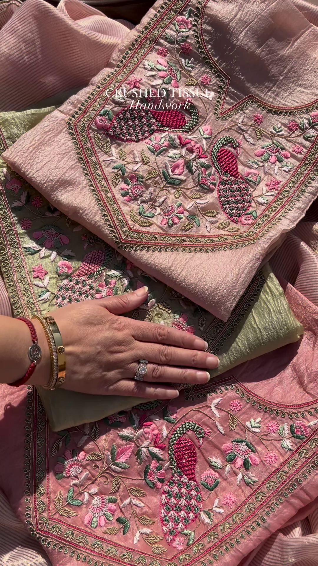 Dusty Rose Crushed Tissue Silk Embroidered Suit Set with Peacock Motifs