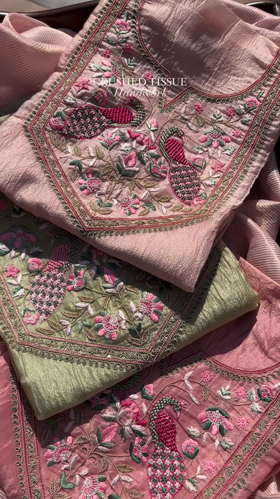 Dusty Rose Crushed Tissue Silk Embroidered Suit Set with Peacock Motifs - Image 4