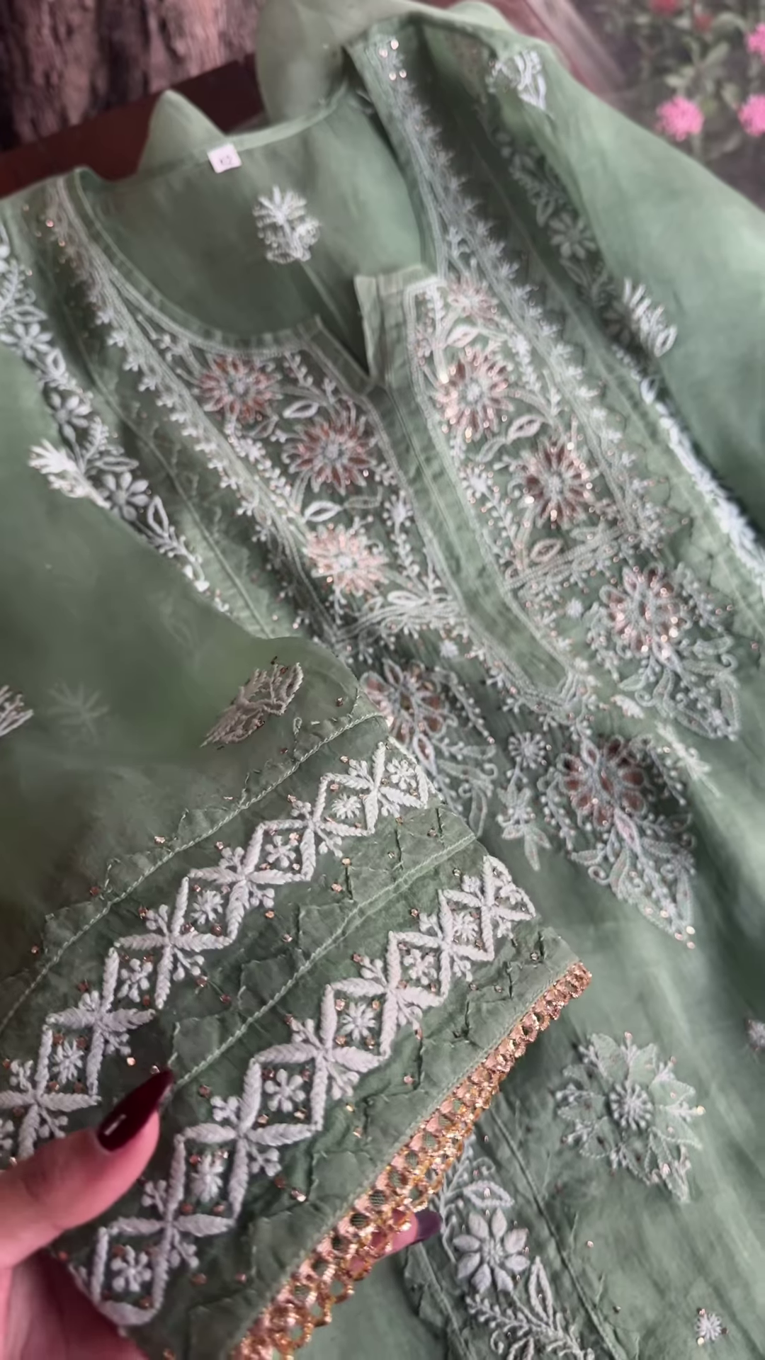 Sage Green Embroidered Organza Suit Set with Sequin Highlights