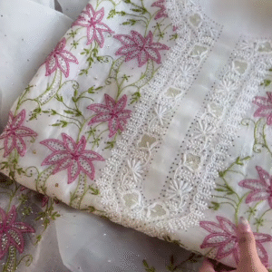 Ivory Chikankari Inspired Floral Embroidered Suit Set with Pink Accents