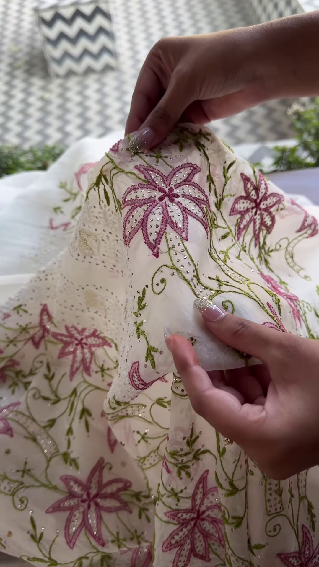 Ivory Chikankari Inspired Floral Embroidered Suit Set with Pink Accents - Image 5