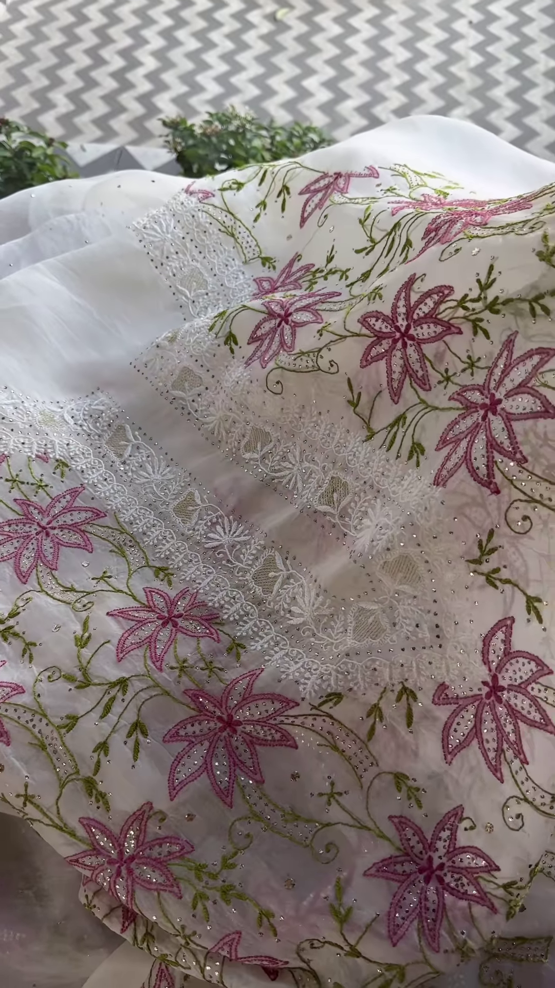 Ivory Chikankari Inspired Floral Embroidered Suit Set with Pink Accents - Image 4