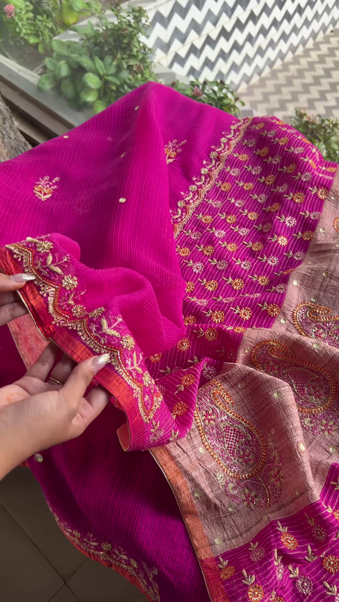 Rani Pink and Taupe Embroidered Patola Silk Blend Saree - Image 2