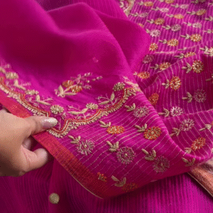 Rani Pink and Taupe Embroidered Patola Silk Blend Saree