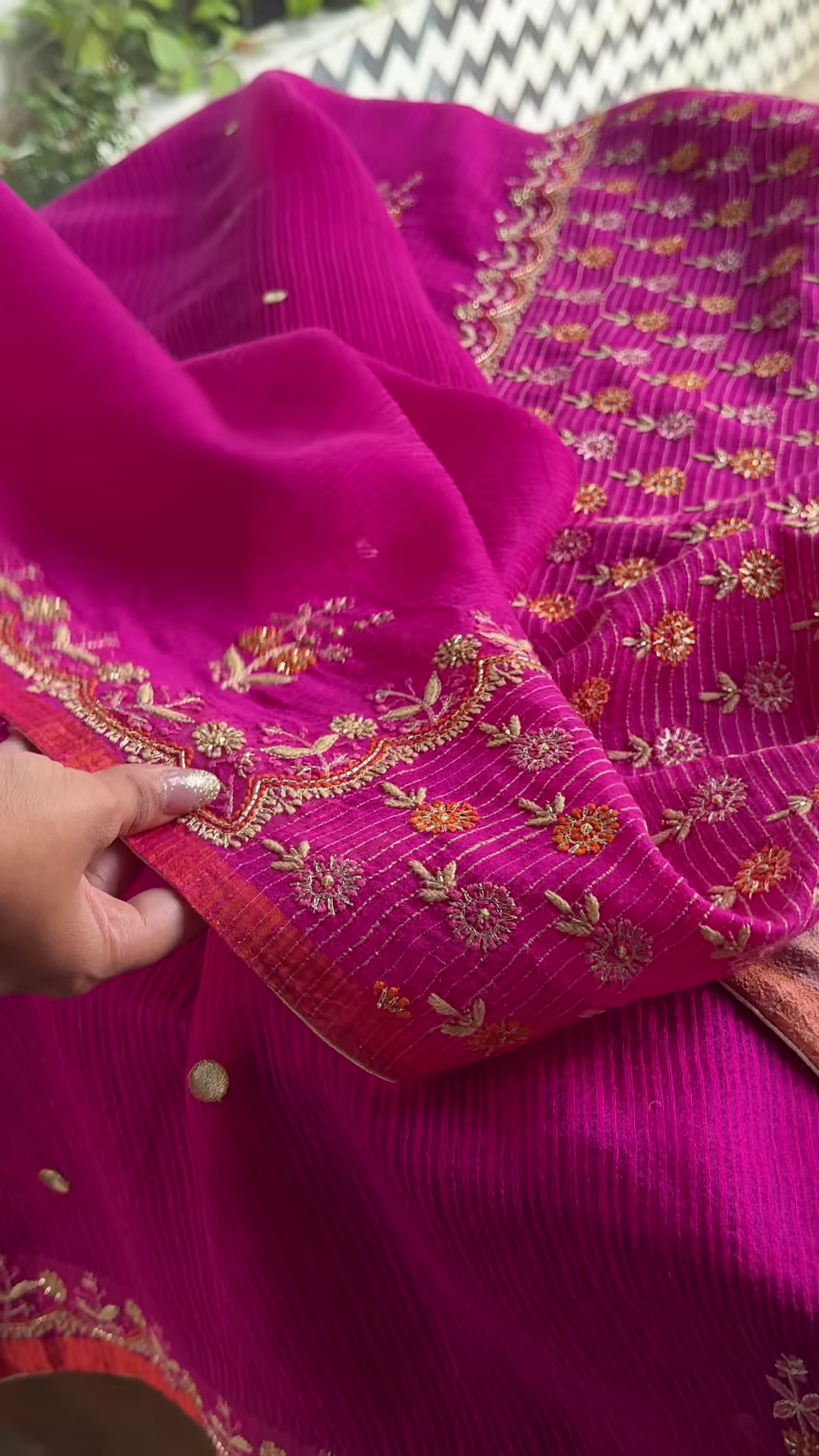Rani Pink and Taupe Embroidered Patola Silk Blend Saree