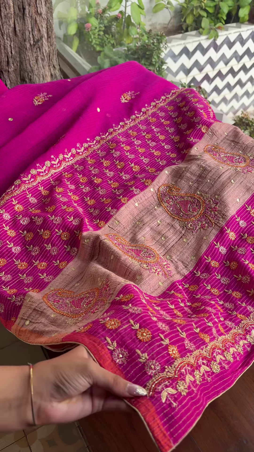 Rani Pink and Taupe Embroidered Patola Silk Blend Saree - Image 4