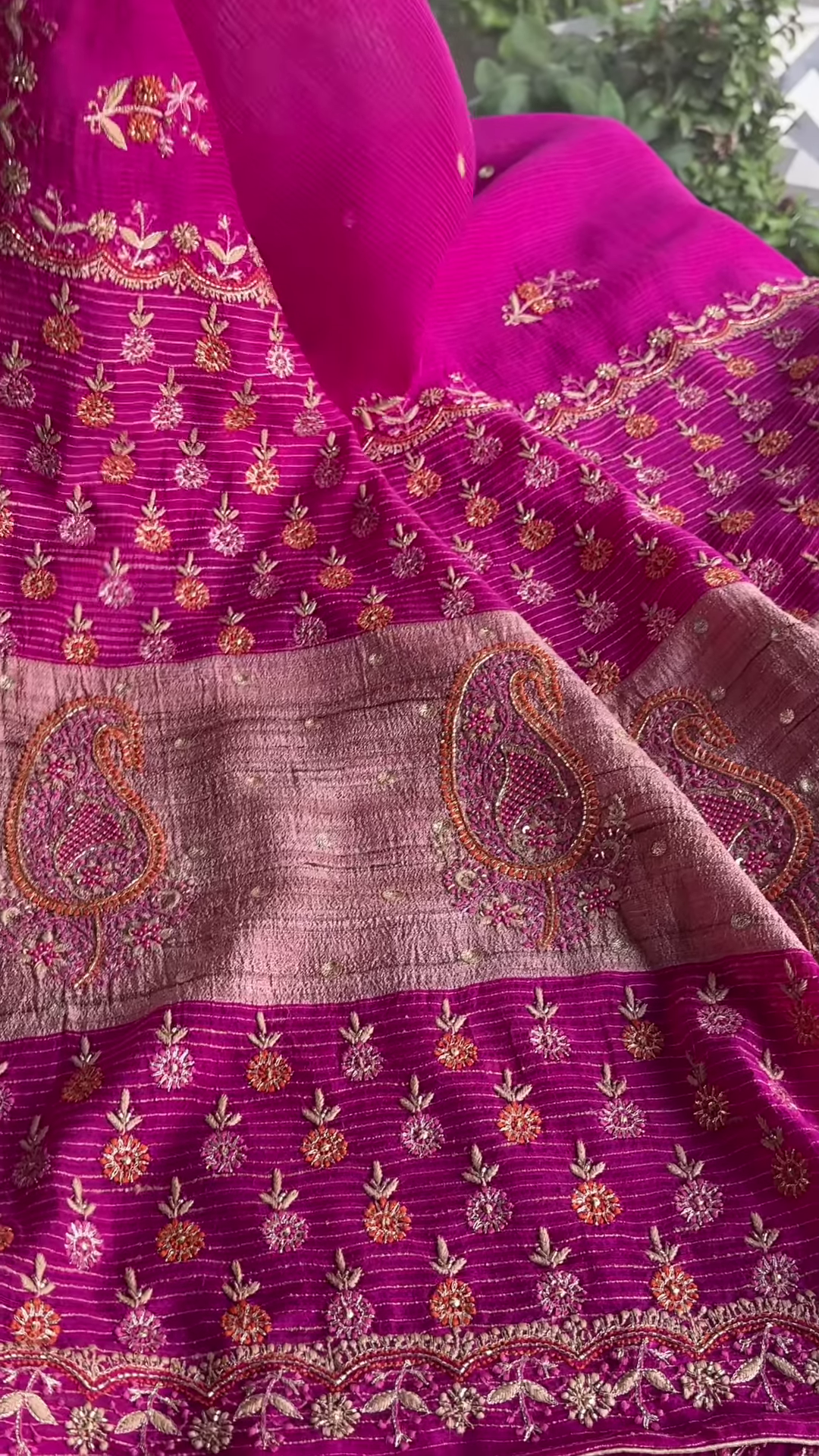 Rani Pink and Taupe Embroidered Patola Silk Blend Saree - Image 5