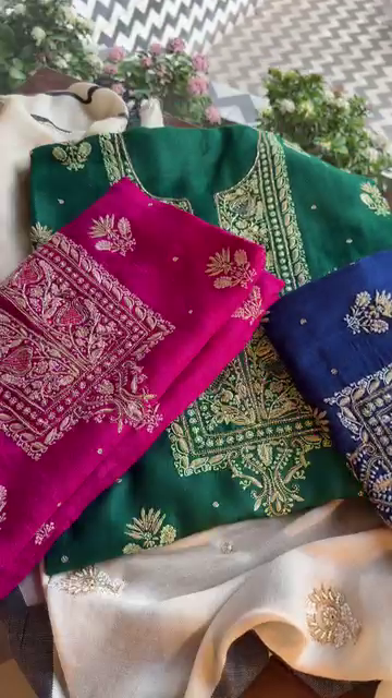 Emerald Green and Royal Blue Zari Embroidered Unstitched Suit Set