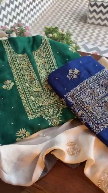 Emerald Green and Royal Blue Zari Embroidered Unstitched Suit Set - Image 3