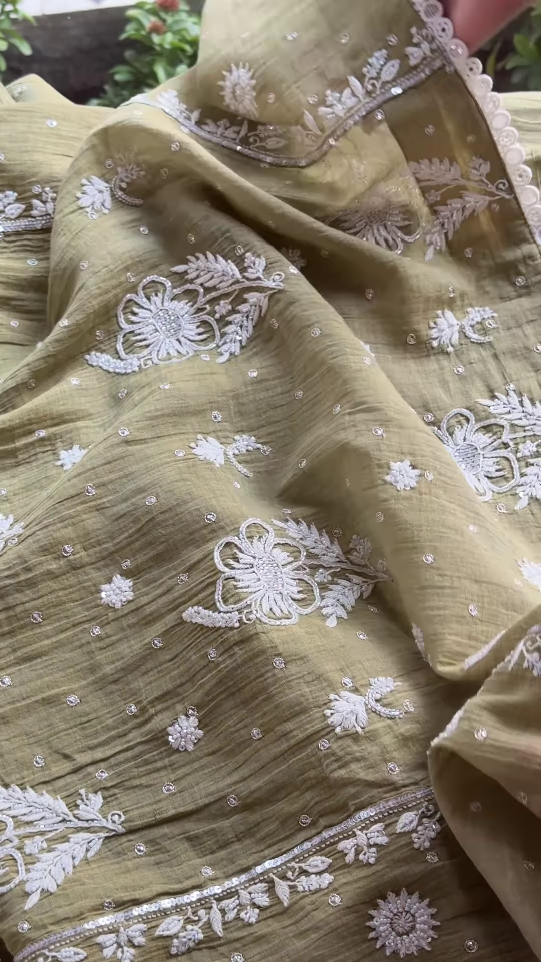 Olive Green Lucknowi Chikankari Unstitched Suit Set - Image 2